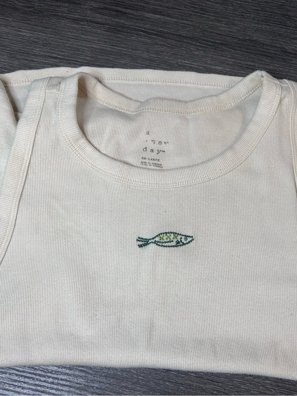 a new day Cream Tank Top with Green Fish Embroidery